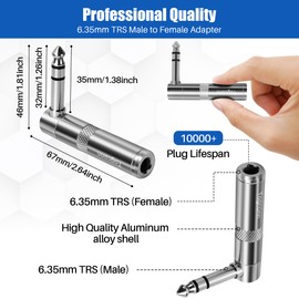 90 Degree 1/4 inch TRS Audio Extension Adapter 4-Pack, Right Angle 6.35mm 1/4" TRS Stereo Male to Female Heavy Duty Metal L-Shaped Connector for Speaker, Guitar, Microphone Cables