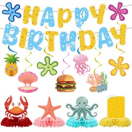 Yellow Cartoon Birthday Party Decorations, Under The Sea Party Supplies, Happy Birthday Banner, Swirl & Marine Life Honeycomb, Fun Photo Background Props for Boys & Girls