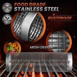 Modaura 2PCS Rolling Grill Baskets for Outdoor Grill, Big Green Egg Accessories-Set Includes Fork, Hook, and Oil Brush-304g Stainless Steel-Perfect Gifts for Dad, Camping Must Haves, Unique Gifts