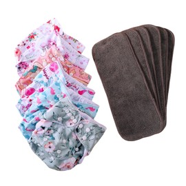 Asenappy Cloth Diapers 6 Pack with 6 Inserts & 1 Wet Bag - Waterproof Cover, Washable, Reusable & One Size Adjustable Pocket Diapers for Newborns and Toddlers (greyflower)