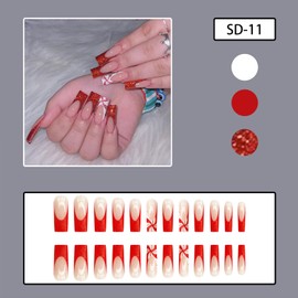 Christmas Press on Nails Square Long Fake Nails Red Glitter French Tip False Nails With Red White Swirls Designs Full Cover Stick on Nails Acrylic Xmas Winter Artificial Nails for Women Girls 24Pcs