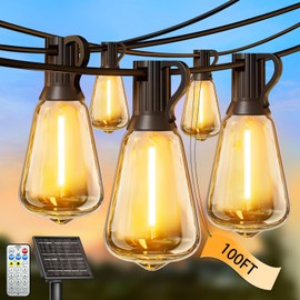 Skoiuc 100FT Solar String Lights Outdoor Waterproof with Remote & Timer, LED Shatterproof ST38 Bulbs, USB & Solar Powered Patio Lights for Backyard, Porch, Garden, Wedding, Christmas Decor