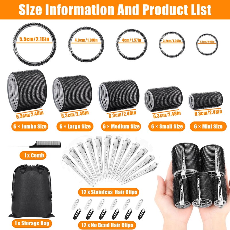 56 Pcs Velcro Hair Rollers Set with 5 Sizes, Self