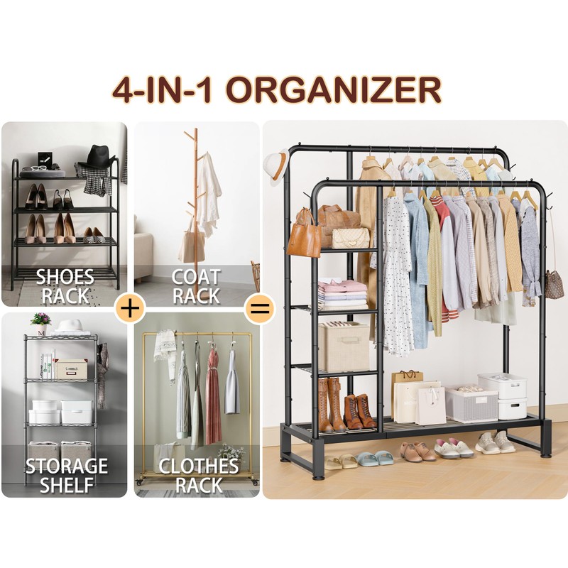 Double Rods Clothes Rack Clothing Rack with 4 Tier Storage