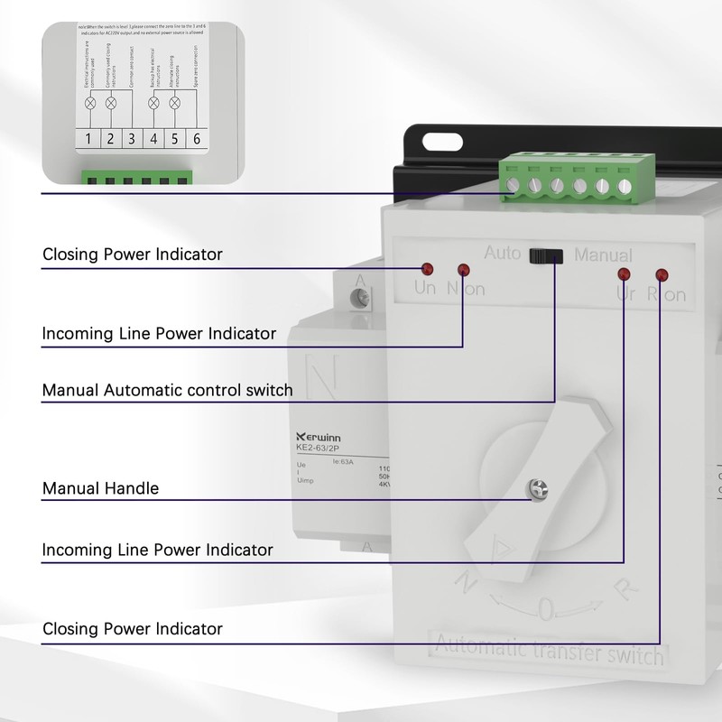 KERWINN Dual Power Automatic Transfer Switch 110V 63A Outdoor Generator