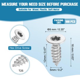 PATIKIL 100 Pcs Flat Head Torx/Star Screws, M5 x 16mm Torx Drive Self Tapping Wood Screws Stainless Steel Countersunk Tamper Proof Screw with T25 Bit for Wood Soft Metal