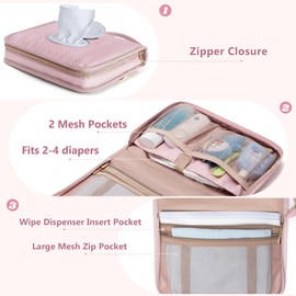 Rexmica Diaper Clutch Bag with 2 Pieces Wipes Dispensers, Small Diaper Bag with Multiple Pockets for Storage of Baby Necessities, Baby Travel Essential, Pink