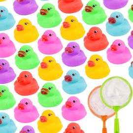 24 Mini Rubber Ducks with 2 Fishing Net Bath Toy,Mini Colorful Rubber Duckies Pool Game for Kids,Float & Squeak Tiny Ducks Water Toys for Kids Baby Shower