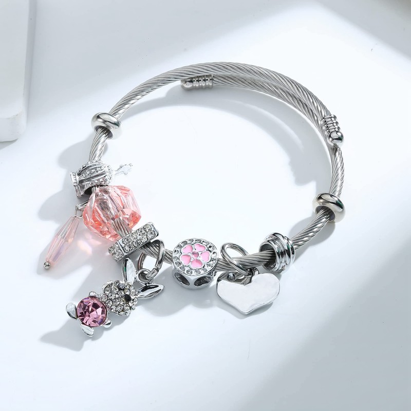 Women's Popular Rabbit Bangle, Pink, Blue, Adjustable, Opening, Platinum, Zircon