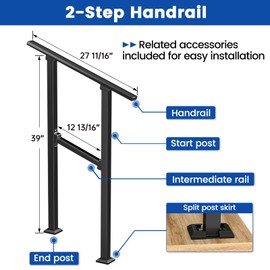 Muzata 2 Step Handrail for Outdoor Stair Black Wrought Iron Stair Railing Fits 1 to 2 Step Outdoor Handrail Porch Railing Kit HK43