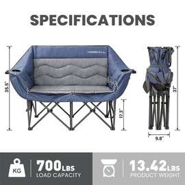 HOMECALL Double Camping Chair for Adults - Heavy Duty Folding Loveseat Support 700 lbs, 2 Person Padded Camping Couch Portable with Cup Holders & Storage Bag for Camping, Lawn, Sports, Blue