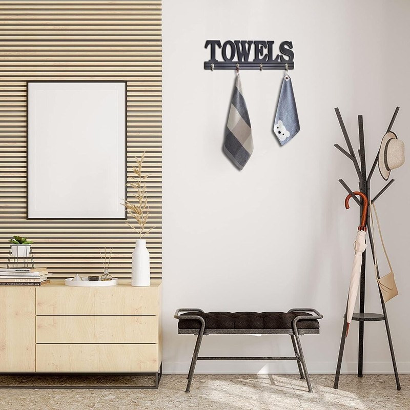 Decorative Towel Rack 4 Hooks Wooden Towels Holder for Bathroom