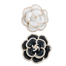 Framendino, 2 Pack Camellia Flower Brooch Pins Elegant Faux Pearl Brooches for Women Party Wedding Banquet White Black