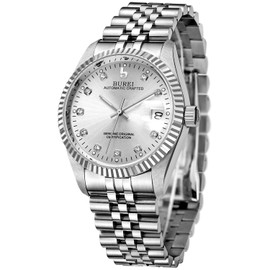 BUREI Men's Watch, Automatic Winding, Waterproof, Analog, Date, Mechanical Watch, Popular, Men's Brand, Stylish, Simple, Casual Watch, silver-white, Bracelet Type