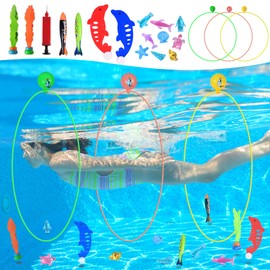 19pcs Diving Pool Toys, Swim Thru Diving Ring for Boys Girls, Fun Swimming Hoops with Torpedo Bandits Fish Toy, Sea Animals Gems for Kids Diving Training & High Stability