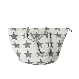 Shopping Bag, Shopper Cream Woven Natural Material with Grey Star Decoration, Cord Handle and Inner Pocket, White