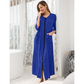 Ekouaer Women's Zipper Robe 3/4 Sleeve Housecoats Full Length House Dress Loungewear Long Nightgown with Pockets Blue Sapphire,3X-Large