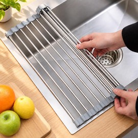 Roll Up Dish Drying Rack for Over Sink -17.5"x11.8" Foldable Stainless Steel Kitchen Drainer，Gray