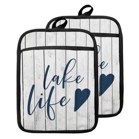 GOOZHO Lake Life Gifts Pot Holders with Pockets, Lake Life House Gifts for Women Oven Pot Holders Heat Resistant Oven Mitts Hot Pads for Kitchen Baking Cooking
