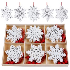 HOUISM Wooden Christmas Ornaments White, 24PCS Christmas Hanging Snowflake Ornaments for Crafting, Wooden Baubles for Kids DIY Craft, Unifinishied Wooden Craft to Paint for Xmas Tree Pendants