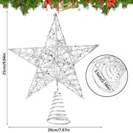 DERAYEE Christmas Star Tree Topper, Xmas Silver Glittered Treetop Metal Hollow Tree Star for Christmas Tree Decorations, Holiday Party Indoor Decor