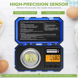 KeeKit Digital Pocket Scale, 50g 0.001g Professional Milligram Scale, Portable Jewelry Scale with 50g Calibration Weight, Tare & LCD Backlit Display (Battery/Tweezers Included) - Blue