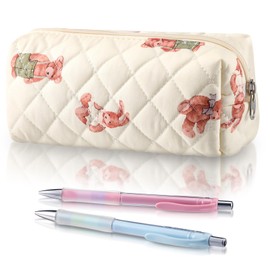 Sherr Bear Pencil Case Beige Cute Pencil Pouch Soft Cotton Quilted Storage Bag Aesthetic Pattern Gift Makeup Pouch Cosmetic Travel Bag for Women