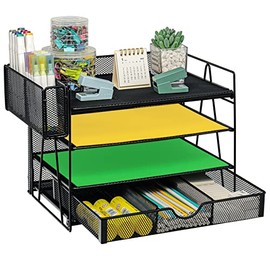 4-Tier Desk Organizers with Drawers, Paper Organizer Letter Tray with Pen Holder, Desktop File Organizer and Storage Paper Sorter Rack for Office Supplies