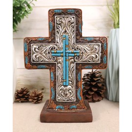 Ebros Gift Rustic Western Inspirational Santa Fe Standing Desktop Cross With Silver Leaf Filigree Scroll And Turquoise Blue Motif Decor Plaque Sculpture