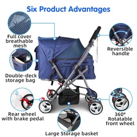 Pet Stroller for Cats Dogs Rabbit with Reversible Handle, Dog Stroller for Small or Medium Animal up to 40 Pounds, Doggie Bunny Stroller Carriage (Blue)