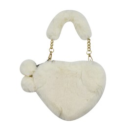 Women Girls Faux Fur Heart Shaped Handbag Plush Shoulder Bag Clutch Purse with Metal Chain Strap