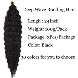 24inch Ocean Wave Braiding Hair Extensions 3packs Long Deep Curly Wave Braid Hair Synthetic Twist Ripple Crochet Deep Wave Braids Hair for Women 100g/pack(24",Natural black)