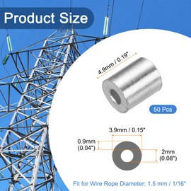 sourcing map Aluminum Wire Rope Stop Sleeve 1/16"(1.5mm) Crimping Loop Sleeve Round Cable Ferrule for Wire Rope Cable Line, Pack of 50