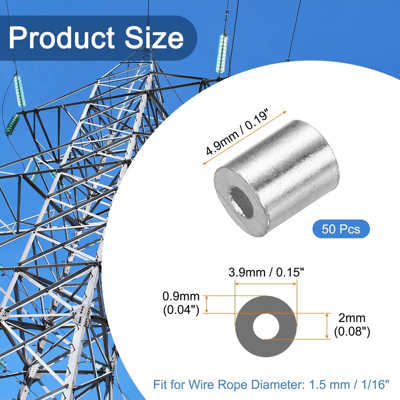 sourcing map Aluminum Wire Rope Stop Sleeve 1/16"(1.5mm) Crimping Loop