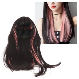 Destacar Peluca Larga Malla Transpirable Resistente Al Calor Peluca Larga con Flequillo para Mujer Dama Negro Rosa