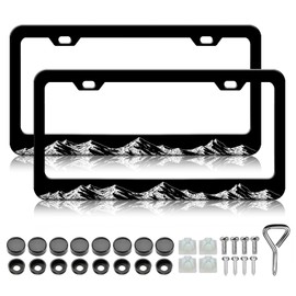 Mountain License Plate Frames - 2 Pack Cool Mountains Black License Plate Holder, Stainless Steel Rust-Proof Waterproof Car Decorative Tag Frame with Screws Fasteners Caps
