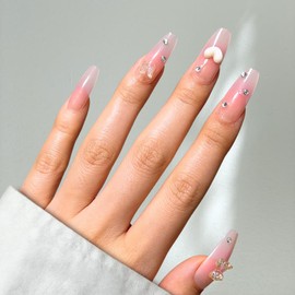 Votrenaeil Press On Nails - Charm Love | No Glue Coffin Nails, Pink Ombre Fake Nails with 3D Bear Accents - 24 Pcs Nail Kit with Adhesive Tabs