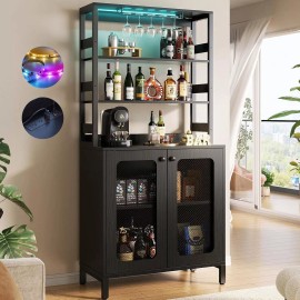 Homieasy 67" Tall Wine Bar Cabinet Liquor Cabinet with LED  Power Outlets  Glass Holder - White