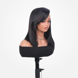 Glueless Yaki Straight Wig Natural Black Pre C-Part & Layered Cut Human Hair - Size: 10“
