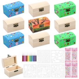 Fentar Children's Birthday Treasure Chest Wooden Craft Set, Small Treasure Chest for Children, Wooden Box with Lid, Treasure Chest for Painting Children's Birthday with Colouring Pencils, Stickers,