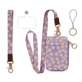 MONDO DESIGNS 2-in-1 ID Badge Holder & Lanyard Wallet - Multi-Use Womens Small Wallet with Removable Wristlet & Neck Lanyard, Clear Window, 5 Card Slots, Phone Holder, Ring Keychain - Purple Daisies