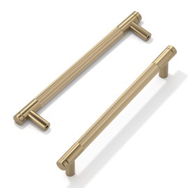 FURNIWARE 10 Pack Champagne Bronze Knurled Cabinet Handles, 160mm(6.3 Inch) Hole Center, T-Shaped Gold Kitchen Cupboard Pulls for Drawer Dresser, Cupboard, Wardrobe