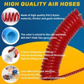 GREPSPUD 15Ft Coiled Air Brake Hoses Assembly for Semi Truck, Coiled Air Brake Lines with 12'' Tractor Lead & 12'' Trailer Lead, Red & Blue Coil Air Lines Set for Semi Trucks Tractors Trailers