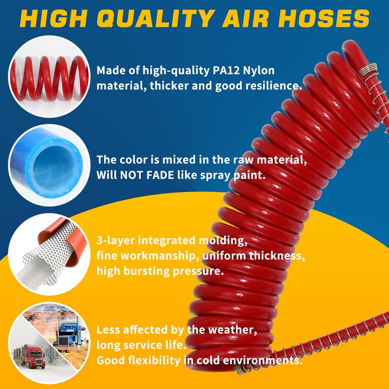 GREPSPUD 15Ft Coiled Air Brake Hoses Assembly for Semi Truck,