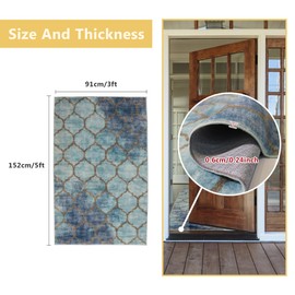 Moroccan Trellis Area Rug, 3x5 Entryway Rug Washable Vintage Living Room Area Rug Non-Slip Throw Rug for Kitchen Bedside Office Distressed Oriental Faux Wool Low Pile Carpet (3'X 5', Teal Blue)