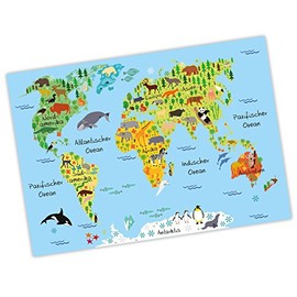 nikima Children's World Map Blue Poster Animals Earth Wall Picture Children's Room Beautiful Wall Decoration Continents (A1-841 x 594 mm)