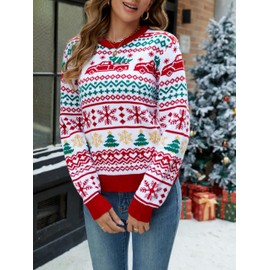 LUBOT New Ugly Christmas Sweaters for Women Cute Fuzzy Funny Wintertime and Holiday Parties Knitted Sweater Red&Green Trucks L