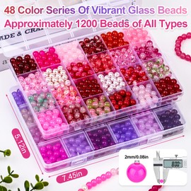XSEINO About 1200PCS 8mm Glass Beads Bracelet Making Kit，48 Assorted Dreamy Red and Purple Series Colorful Crystal Beads for Bracelet and Jewelry Making and DIY Crafts,Friendship Bracelets