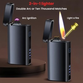 NINSI Electric Lighter, USB-C Rechargeable Dual Arc Lighter & Permanent Match 2 in 1 with Flashlight, Kerosene Soft Flame, Outdoor Survival Gear, for Men & Women (Silver)