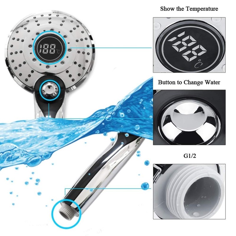 LED Shower Head Bathroom Hand Held 3-Color Temperature Control Color